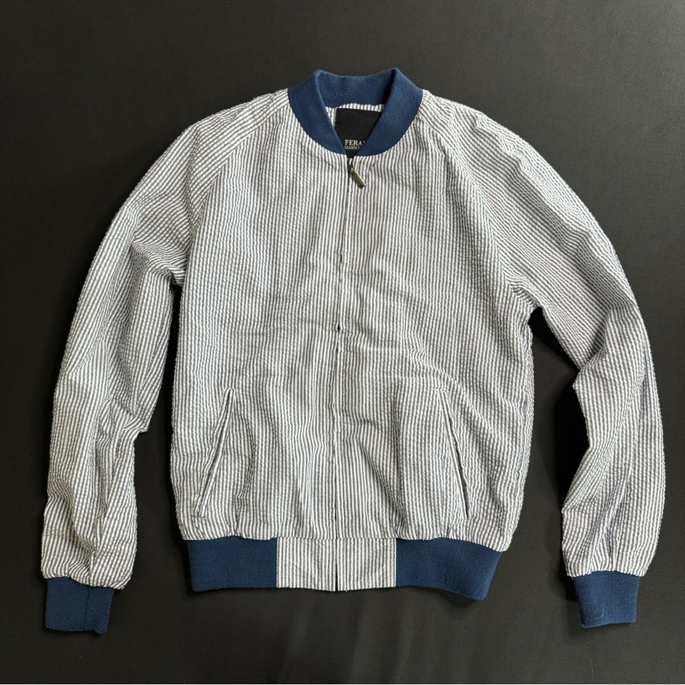 Gianni Feraud blue white stripe seersucker full zip jacket/S